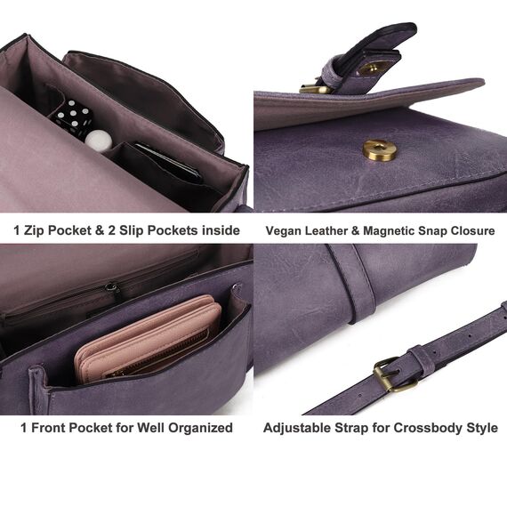 AFKOMST Umhängetasche für Damen Kleiner Beutel und Schultertasche Vintage Sattel Handtaschen Veganes Leder, hellviolett, 23,5 x 9,5 x 18 cm
