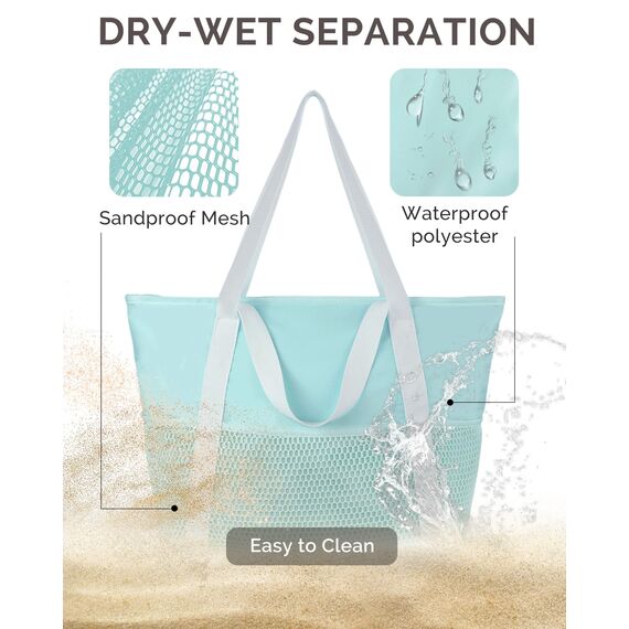 HOMESPON Strandtasche Damen mit Reißverschluss Große Wasserdicht Mesh Badetasche Familie Faltbar Beach Tote Bag Shopper