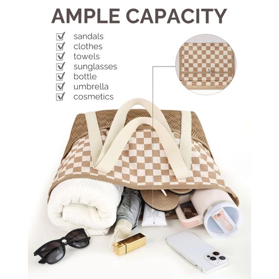 HOMESPON Strandtasche Damen mit Reißverschluss Große Wasserdicht Mesh Badetasche Familie Faltbar Beach Tote Bag Shopper