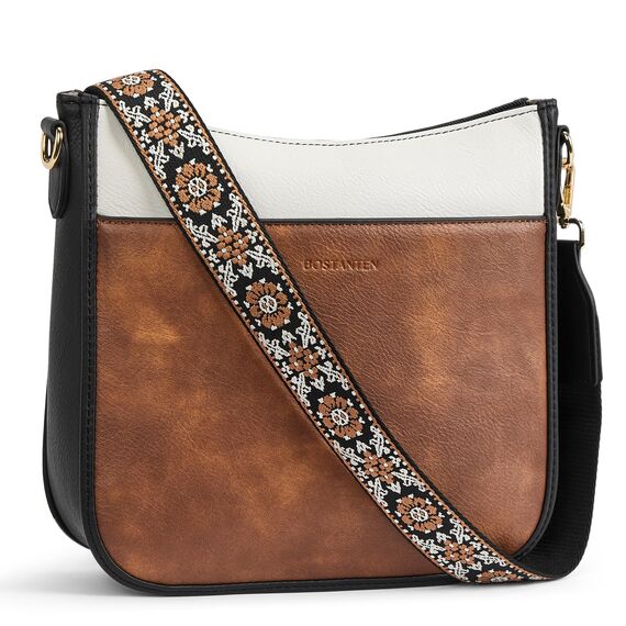 BOSTANTEN Handtasche Damen Mittelgroß Umhängetasche Crossbody Bags Leder Schultertasche für Frauen Shopper Tasche mit Verstellbarem Farbigem Riemen Beige mit Braun