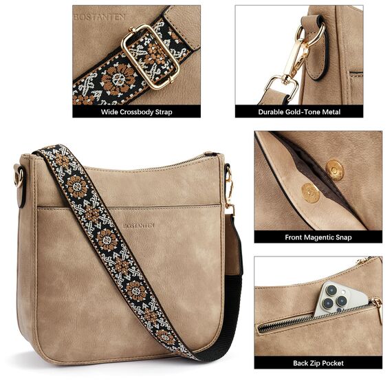 BOSTANTEN Handtasche Damen Mittelgroß Umhängetasche Crossbody Bags Leder Schultertasche für Frauen Shopper Tasche mit Verstellbarem Farbigem Riemen Zimt Hellbraun