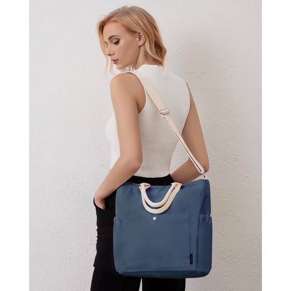 Prite Shopper Tasche Damen Groß Cordtaschen Tote Bag Cord Beuteltasche Stofftasche mit Verstellbarem Schultergurt für Arbeit Reisen Einkaufen Schule College (Blau)