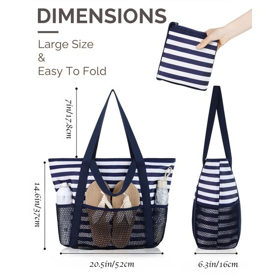 HOMESPON Strandtasche Damen mit Reißverschluss Große Wasserdicht Mesh Badetasche Familie Faltbar Beach Tote Bag Shopper