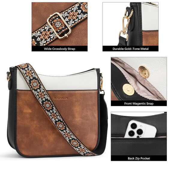 BOSTANTEN Handtasche Damen Mittelgroß Umhängetasche Crossbody Bags Leder Schultertasche für Frauen Shopper Tasche mit Verstellbarem Farbigem Riemen Beige mit Braun