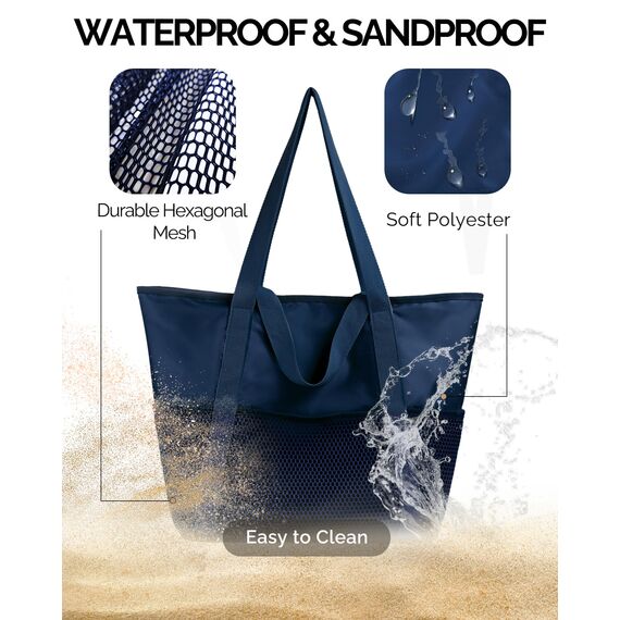 HOMESPON Strandtasche Damen mit Reißverschluss Große Wasserdicht Mesh Badetasche Familie Faltbar Beach Tote Bag Shopper