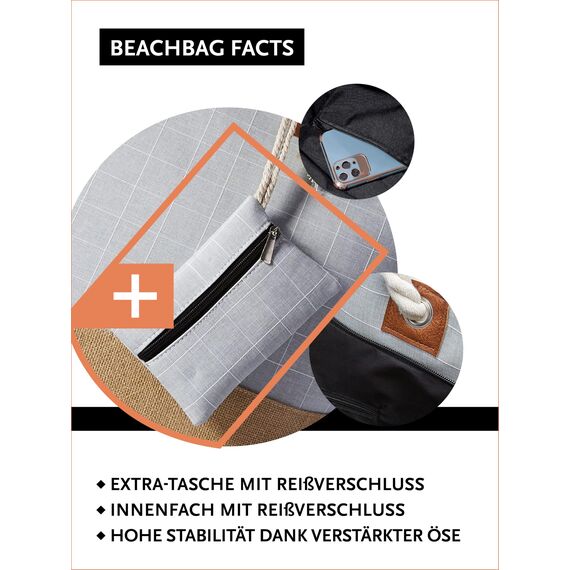 DonDon große Strandtasche XXL mit Reißverschluss - Umhängetasche Damen - große Badetasche für Urlaub vielseitige Shopper Tasche Damen für Strand Urlaub Must Haves Beach bag - Karo grau