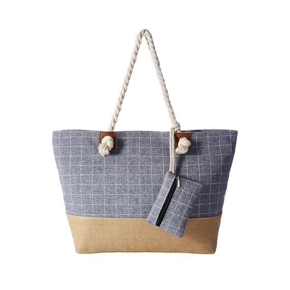 DonDon große Strandtasche XXL mit Reißverschluss - Umhängetasche Damen - große Badetasche für Urlaub vielseitige Shopper Tasche Damen für Strand Urlaub Must Haves Beach bag - Karo blau