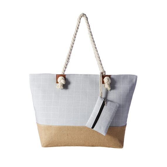 DonDon große Strandtasche XXL mit Reißverschluss - Umhängetasche Damen - große Badetasche für Urlaub vielseitige Shopper Tasche Damen für Strand Urlaub Must Haves Beach bag - Karo grau