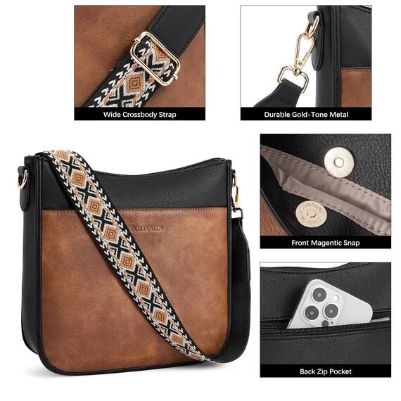 BOSTANTEN Handtasche Damen Mittelgroß Umhängetasche Crossbody Bags Leder Schultertasche für Frauen Shopper Tasche mit Verstellbarem Farbigem Riemen Schwarz mit Braun