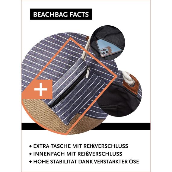 DonDon große Strandtasche XXL mit Reißverschluss - Umhängetasche Damen - große Badetasche für Urlaub vielseitige Shopper Tasche Damen für Strand Urlaub Must Haves Beach bag - Gestreift blau