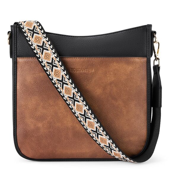 BOSTANTEN Handtasche Damen Mittelgroß Umhängetasche Crossbody Bags Leder Schultertasche für Frauen Shopper Tasche mit Verstellbarem Farbigem Riemen Schwarz mit Braun