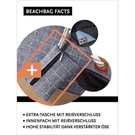 DonDon große Strandtasche XXL mit Reißverschluss - Umhängetasche Damen - große Badetasche für Urlaub vielseitige Shopper Tasche Damen für Strand Urlaub Must Haves Beach bag - Karo blau