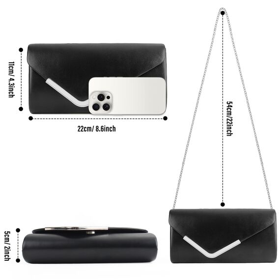 Larcenciel Clutch Schwarz, Elegant Leder Handtasche mit Abnehmbarer Kette, Vintage Veganes Envelope Abendtasche, Mode Umschlag Umhängetasche, Crossbody Tasche für Hochzeit Party Bankett, 22x11x5CM