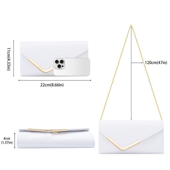 Larcenciel Clutch Beige Weiße, Elegant Leder Handtasche mit Abnehmbarer Kette, Vintage Veganes Envelope Abendtasche, Mode Umschlag Umhängetasche, Crossbody Tasche für Hochzeit Party Bankett 22x11x5CM