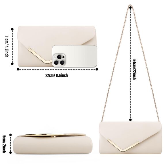 Larcenciel Clutch Apricot, Elegant Leder Handtasche Nude mit Abnehmbarer Kette, Vintage Veganes Envelope Abendtasche, Mode Umschlag Umhängetasche, Crossbody Tasche für Hochzeit, Bankett, 22x11x5CM