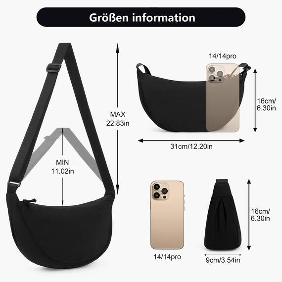 TIAASTAP Damen Halbmond Crossbody Umhängetasche, Unisex Hobo Crossbody Bag, Wasserdichte Leichtes Nylon Bauchtasche mit verstellbarer Schultergurt Für Alltag & Freizeit