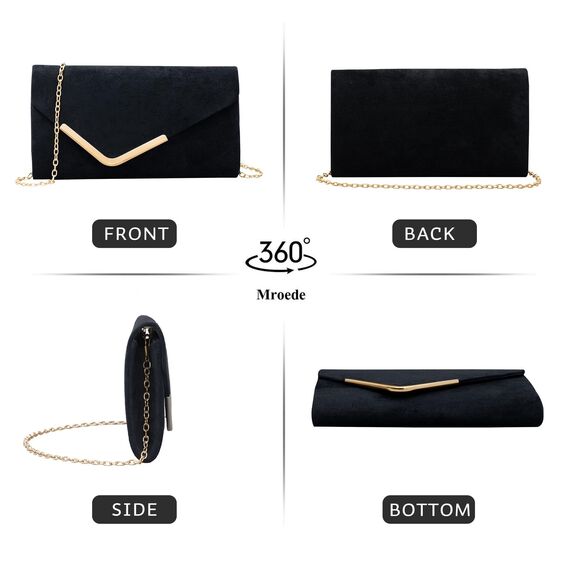 Larcenciel Clutch Schwarz, Elegant Wildleder Handtasche mit Abnehmbarer Kette, Klassisch Samt Envelope Abendtasche, Mode Suede Velvet Umschlag Crossbody Umhängetasche für Hochzeit, Party, 22x11x5CM
