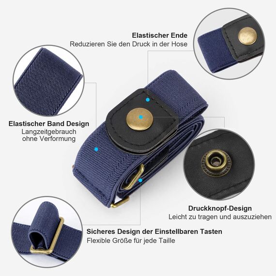 JasGood Schnallenfreier Damen Stretch Elastischer Gürtel für Damen Herren, Plus Size Keine Schnalle Unsichtbarer Gürtel für Jeans Hosen, Blau, 64cm(Für Hosengröße 86cm-125cm)
