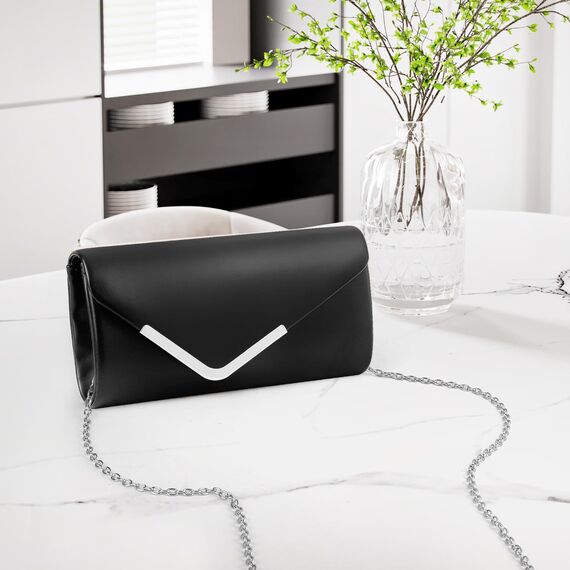 Larcenciel Clutch Schwarz, Elegant Leder Handtasche mit Abnehmbarer Kette, Vintage Veganes Envelope Abendtasche, Mode Umschlag Umhängetasche, Crossbody Tasche für Hochzeit Party Bankett, 22x11x5CM