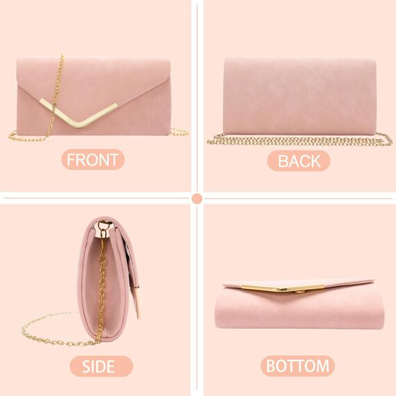 Larcenciel Clutch Rosa, Elegant Wildleder Handtasche mit Abnehmbarer Kette, Vintage Samt Envelope Abendtasche, Mode Umschlag Umhängetasche, Crossbody Tasche für Hochzeit, Party, Bankett, 22x11x5CM