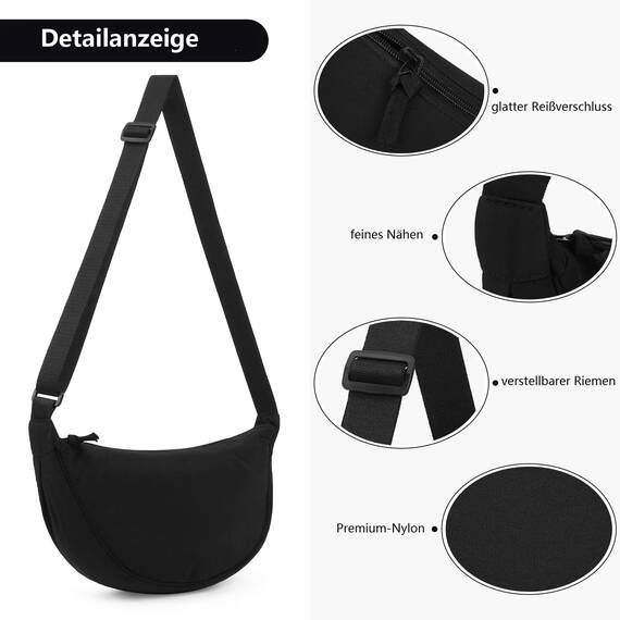 TIAASTAP Damen Halbmond Crossbody Umhängetasche, Unisex Hobo Crossbody Bag, Wasserdichte Leichtes Nylon Bauchtasche mit verstellbarer Schultergurt Für Alltag & Freizeit