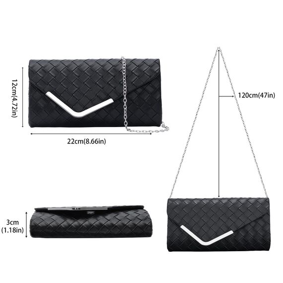 Larcenciel Clutch Schwarz, Elegant Leder Handtasche mit Abnehmbarer Kette, Vintage Karierte Envelope Abendtasche, Mode Umschlag Umhängetasche, Crossbody Tasche für Hochzeit Party Bankett, 22x11x5CM
