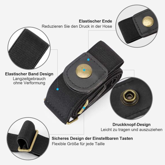 JasGood Schnallenfreier Damen Stretch Elastischer Gürtel für Damen Herren, Plus Size Keine Schnalle Unsichtbarer Gürtel für Jeans Hosen, Schwarz, 64cm(Für Hosengröße 86cm-125cm)