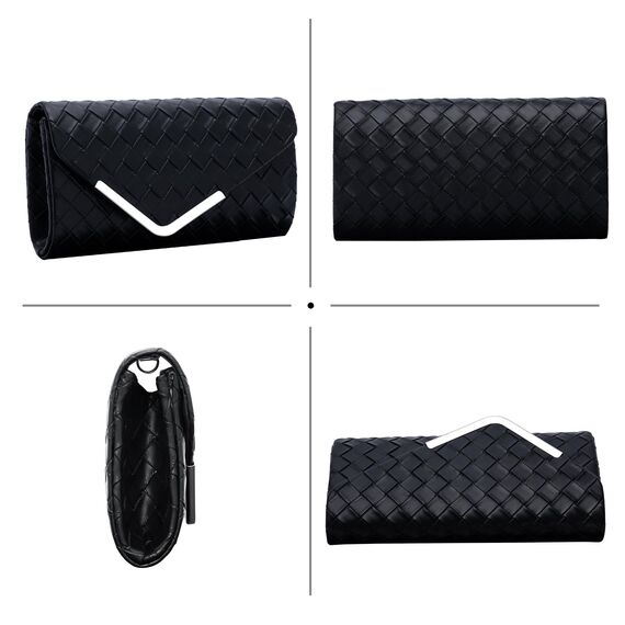 Larcenciel Clutch Schwarz, Elegant Leder Handtasche mit Abnehmbarer Kette, Vintage Karierte Envelope Abendtasche, Mode Umschlag Umhängetasche, Crossbody Tasche für Hochzeit Party Bankett, 22x11x5CM