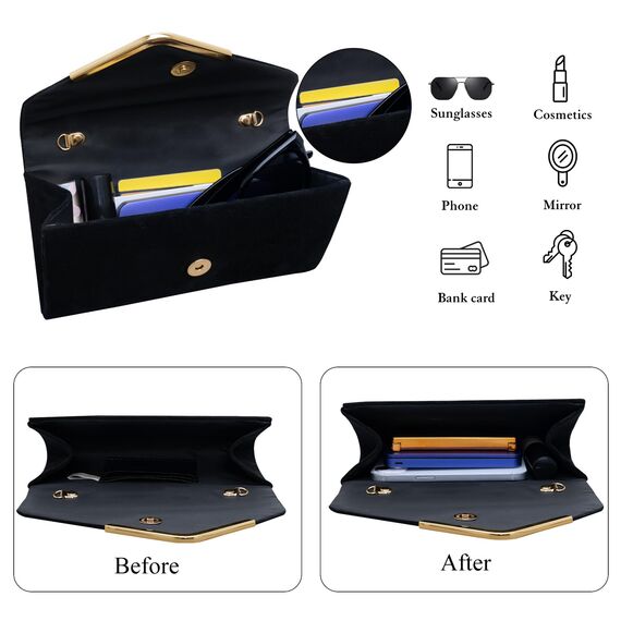 Larcenciel Clutch Schwarz, Elegant Wildleder Handtasche mit Abnehmbarer Kette, Klassisch Samt Envelope Abendtasche, Mode Suede Velvet Umschlag Crossbody Umhängetasche für Hochzeit, Party, 22x11x5CM