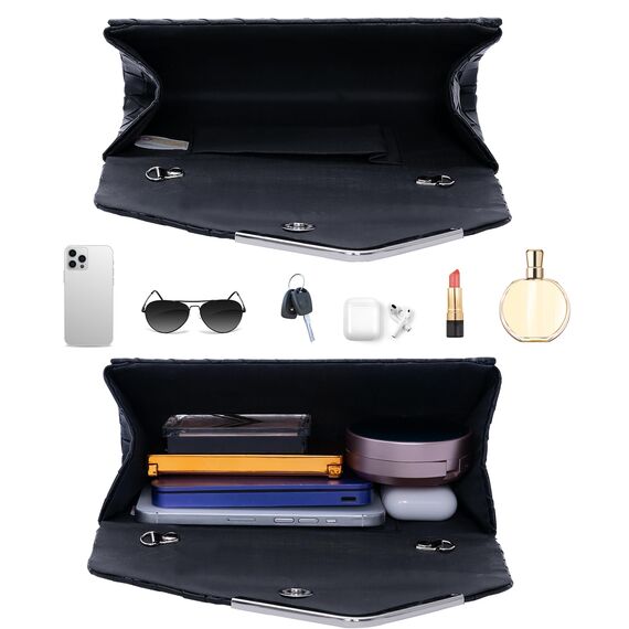 Larcenciel Clutch Schwarz, Elegant Leder Handtasche mit Abnehmbarer Kette, Vintage Karierte Envelope Abendtasche, Mode Umschlag Umhängetasche, Crossbody Tasche für Hochzeit Party Bankett, 22x11x5CM