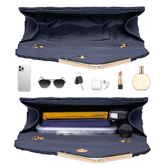 Larcenciel Clutch Dunkelblau, Elegant Spitze Satin Handtasche mit Abnehmbarer Kette, Vintage Envelope Abendtasche mit Blumenmuster, Mode Umschlag Crossbody Tasche für Hochzeit Party Bankett, 22x11x5CM