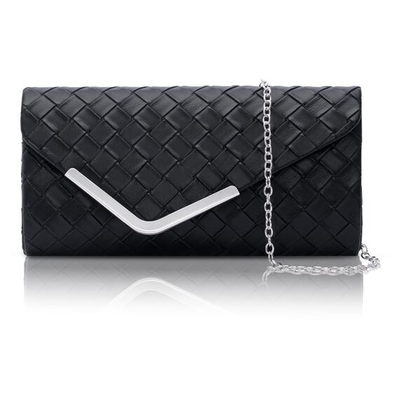 Larcenciel Clutch Schwarz, Elegant Leder Handtasche mit Abnehmbarer Kette, Vintage Karierte Envelope Abendtasche, Mode Umschlag Umhängetasche, Crossbody Tasche für Hochzeit Party Bankett, 22x11x5CM