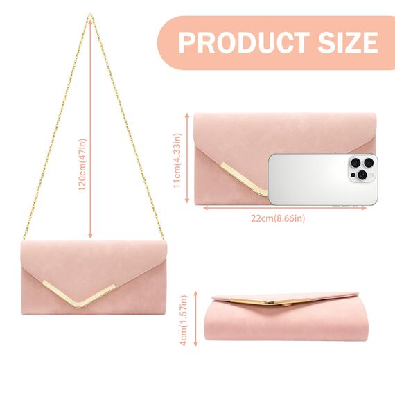 Larcenciel Clutch Rosa, Elegant Wildleder Handtasche mit Abnehmbarer Kette, Vintage Samt Envelope Abendtasche, Mode Umschlag Umhängetasche, Crossbody Tasche für Hochzeit, Party, Bankett, 22x11x5CM