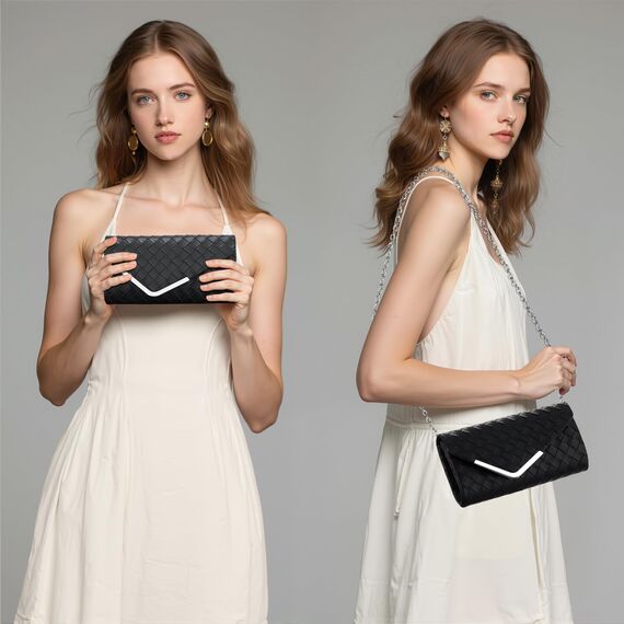 Larcenciel Clutch Schwarz, Elegant Leder Handtasche mit Abnehmbarer Kette, Vintage Karierte Envelope Abendtasche, Mode Umschlag Umhängetasche, Crossbody Tasche für Hochzeit Party Bankett, 22x11x5CM