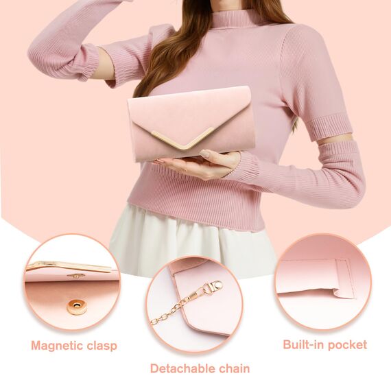 Larcenciel Clutch Rosa, Elegant Wildleder Handtasche mit Abnehmbarer Kette, Vintage Samt Envelope Abendtasche, Mode Umschlag Umhängetasche, Crossbody Tasche für Hochzeit, Party, Bankett, 22x11x5CM