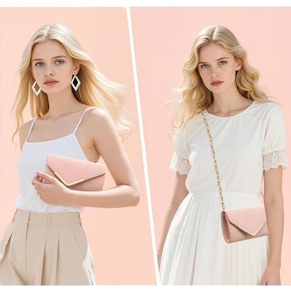 Larcenciel Clutch Rosa, Elegant Wildleder Handtasche mit Abnehmbarer Kette, Vintage Samt Envelope Abendtasche, Mode Umschlag Umhängetasche, Crossbody Tasche für Hochzeit, Party, Bankett, 22x11x5CM