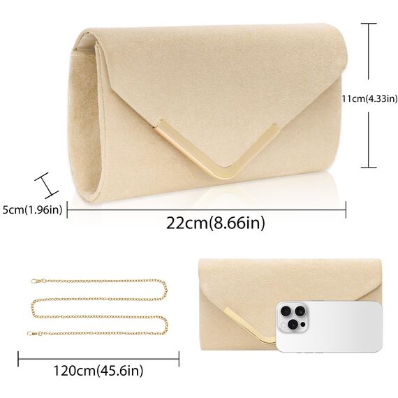 Larcenciel Clutch Apricot, Elegant Wildleder Handtasche mit Abnehmbarer Kette, Klassisch Samt Envelope Abendtasche, Mode Suede Velvet Umschlag Crossbody Umhängetasche für Hochzeit, Party, 22x11x5CM