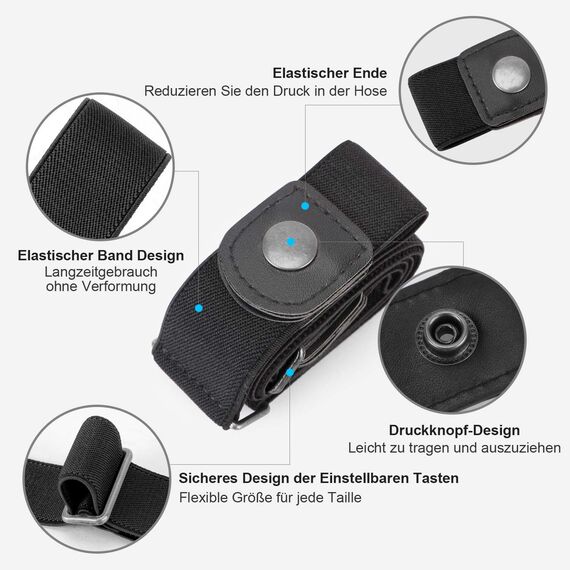 JasGood Schnallenfreier Damen Stretch Elastischer Gürtel für Damen Herren, Plus Size Keine Schnalle Unsichtbarer Gürtel für Jeans Hosen, Schwarz, 64cm(Für Hosengröße 86cm-125cm)