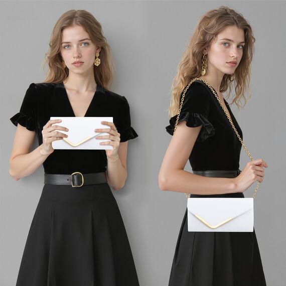 Larcenciel Clutch Beige Weiße, Elegant Leder Handtasche mit Abnehmbarer Kette, Vintage Veganes Envelope Abendtasche, Mode Umschlag Umhängetasche, Crossbody Tasche für Hochzeit Party Bankett 22x11x5CM