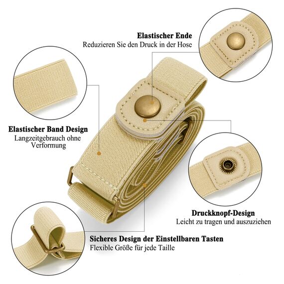 JasGood Schnallenfreier Damen Stretch Elastischer Gürtel für Damen Herren, Plus Size Keine Schnalle Unsichtbarer Gürtel für Jeans Hosen, Beige, 64cm(Für Hosengröße 86cm-125cm)