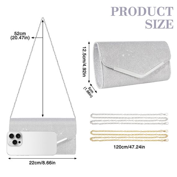 Larcenciel Clutch Silber, Glitzer Tasche Handtasche mit Abnehmbarer Kette, Elegant Abendhandtasche für Damen, Pailletten Taschen Crossbody Envelope Umhängetasche für Hochzeit Party Bankett Feiertage