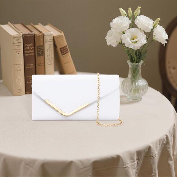 Larcenciel Clutch Beige Weiße, Elegant Leder Handtasche mit Abnehmbarer Kette, Vintage Veganes Envelope Abendtasche, Mode Umschlag Umhängetasche, Crossbody Tasche für Hochzeit Party Bankett 22x11x5CM