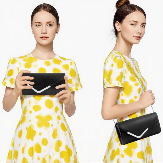 Larcenciel Clutch Schwarz, Elegant Leder Handtasche mit Abnehmbarer Kette, Vintage Veganes Envelope Abendtasche, Mode Umschlag Umhängetasche, Crossbody Tasche für Hochzeit Party Bankett, 22x11x5CM