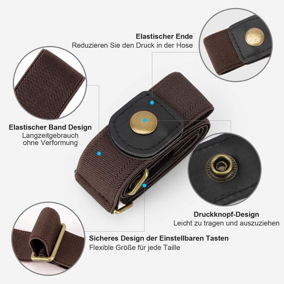 JasGood Schnallenfreier Damen Stretch Elastischer Gürtel für Damen Herren, Plus Size Keine Schnalle Unsichtbarer Gürtel für Jeans Hosen, Kaffee, 44cm(Für Hosengröße 60cm-85cm)