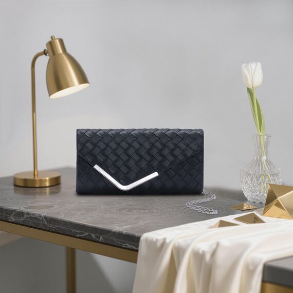 Larcenciel Clutch Schwarz, Elegant Leder Handtasche mit Abnehmbarer Kette, Vintage Karierte Envelope Abendtasche, Mode Umschlag Umhängetasche, Crossbody Tasche für Hochzeit Party Bankett, 22x11x5CM