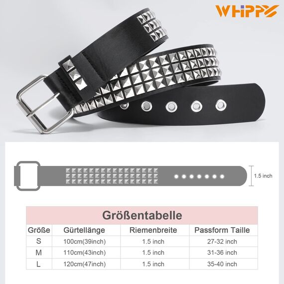 WHIPPY Nietengürtel Leder Metall Punk Rock Nietengürtel für Damen/Herren Punk-Ledergürtel Gotischer Gürtel Zubehör für Jeanshosen，S