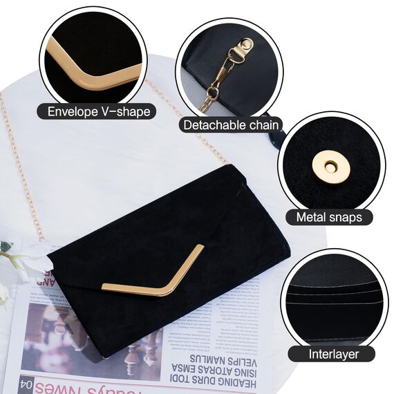 Larcenciel Clutch Schwarz, Elegant Wildleder Handtasche mit Abnehmbarer Kette, Klassisch Samt Envelope Abendtasche, Mode Suede Velvet Umschlag Crossbody Umhängetasche für Hochzeit, Party, 22x11x5CM