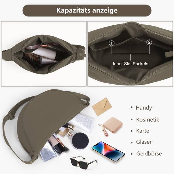 TIAASTAP Damen Halbmond Crossbody Umhängetasche, Unisex Hobo Crossbody Bag, Wasserdichte Leichtes Nylon Bauchtasche mit verstellbarer Schultergurt Für Alltag & Freizeit