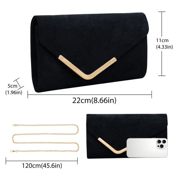 Larcenciel Clutch Schwarz, Elegant Wildleder Handtasche mit Abnehmbarer Kette, Klassisch Samt Envelope Abendtasche, Mode Suede Velvet Umschlag Crossbody Umhängetasche für Hochzeit, Party, 22x11x5CM