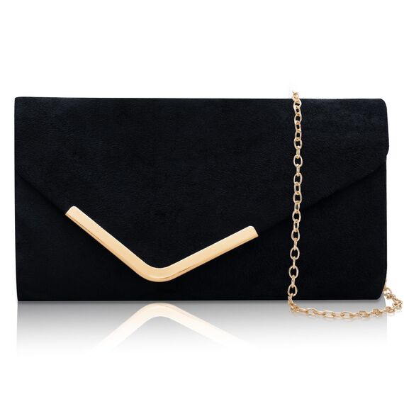 Larcenciel Clutch Schwarz, Elegant Wildleder Handtasche mit Abnehmbarer Kette, Klassisch Samt Envelope Abendtasche, Mode Suede Velvet Umschlag Crossbody Umhängetasche für Hochzeit, Party, 22x11x5CM